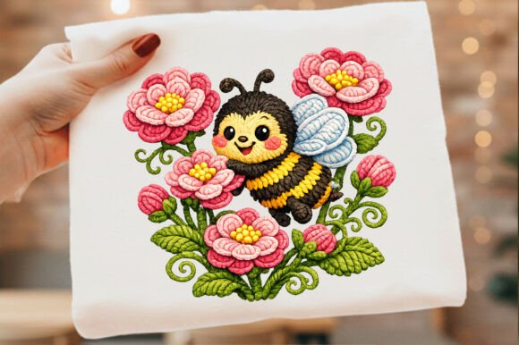Cute Bee with Flowers Embroidery Design for Seasonal Crafts